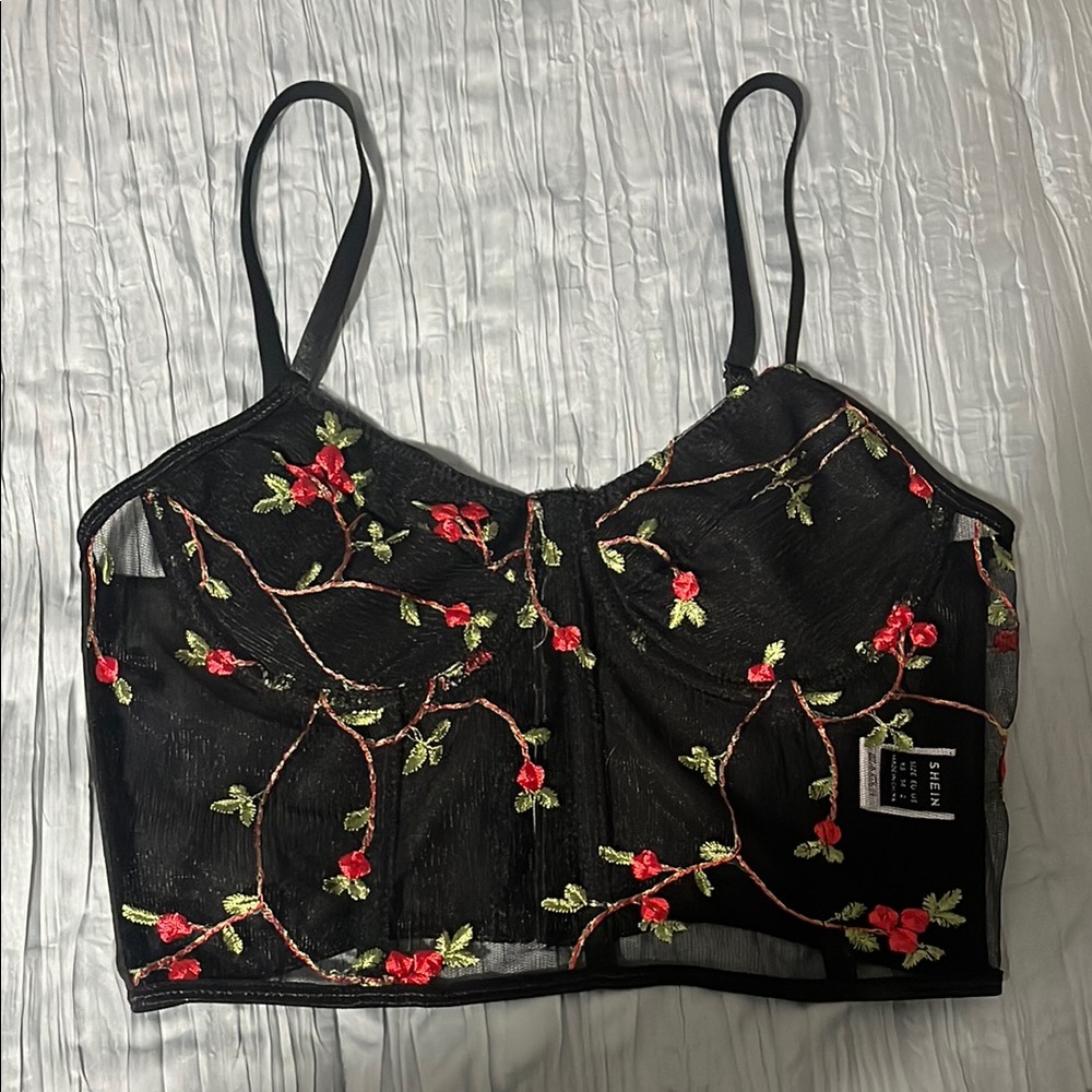 Black Floral Embroidered Mesh bralette top